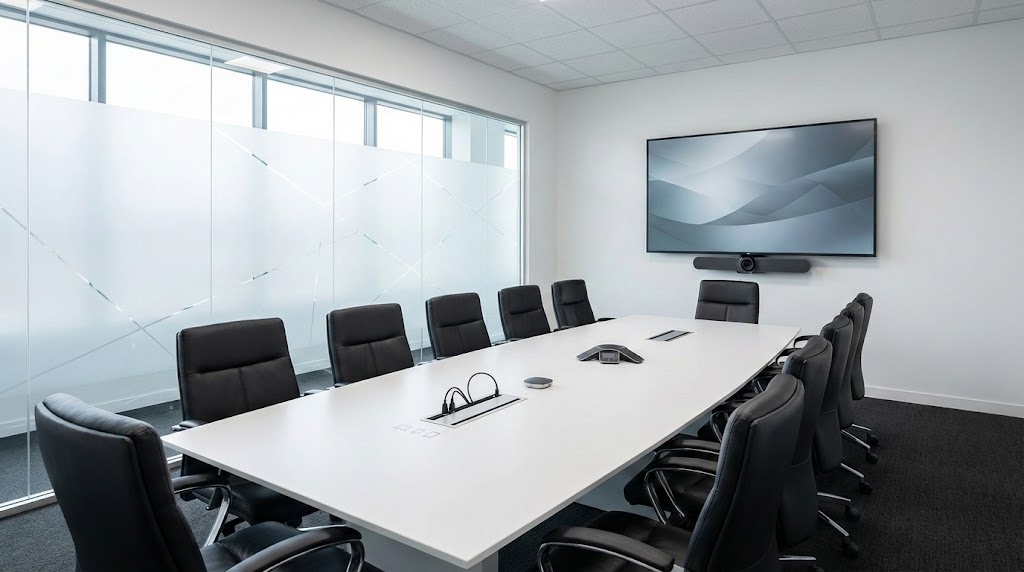 Modern boardroom with video conferencing